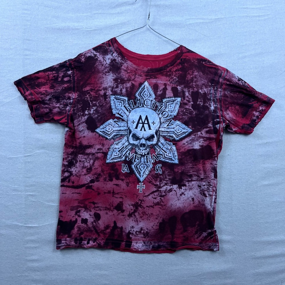 Affliction Graphic T-Shirt Mens Large Red Black Skull Cross Tie Dye Distressed